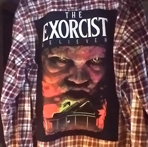 upcycled bleached flannel shirt w/ custom EXORCIST MOVIE back patch - Picture 2 of 4